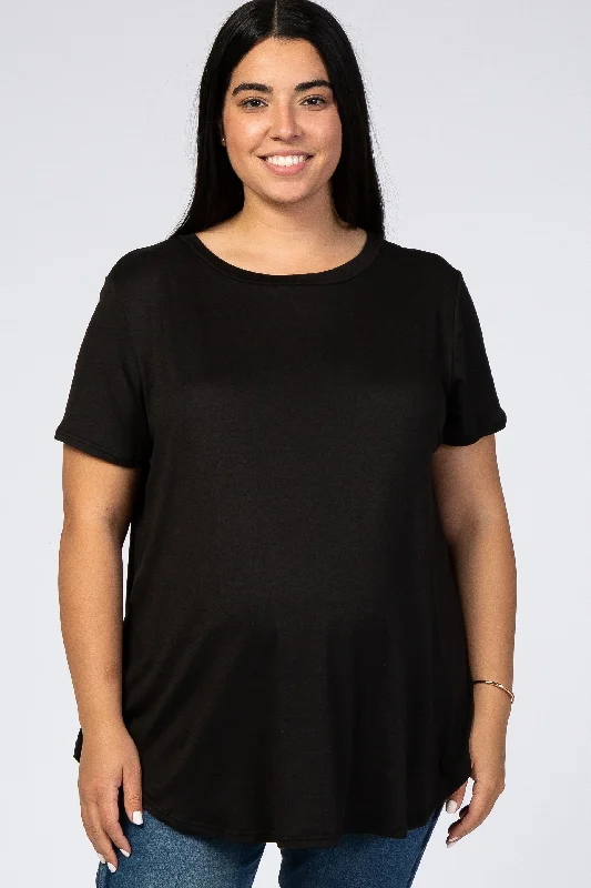 French Terry Short Sleeve TopsBlack Round Hem Short Sleeve Maternity Plus Top