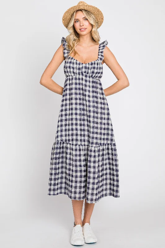 Navy Blue Checkered Linen Sweetheart Neck Ruffle Strap Midi DressPolka-dot Dress