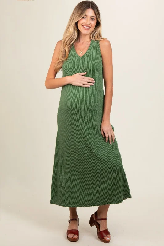 Green Sleeveless Ribbed Maternity Maxi DressRetro Dress