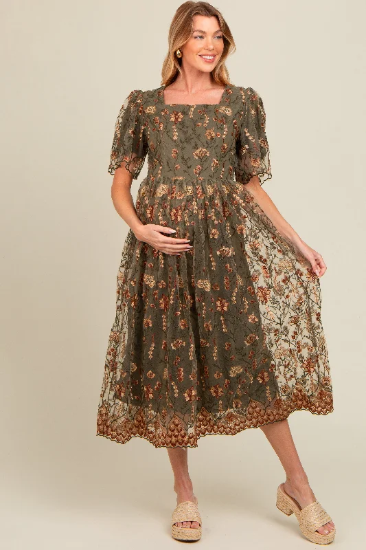 Olive Floral Embroidered Mesh Overlay Maternity Midi DressUniform Dress