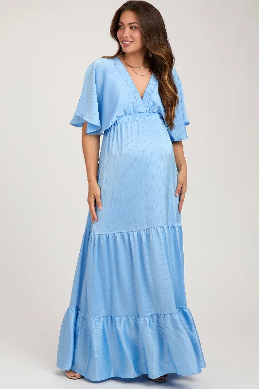 Light Blue V-Neck Flutter Sleeve Tiered Maternity Maxi DressVNeckTopPinnacle