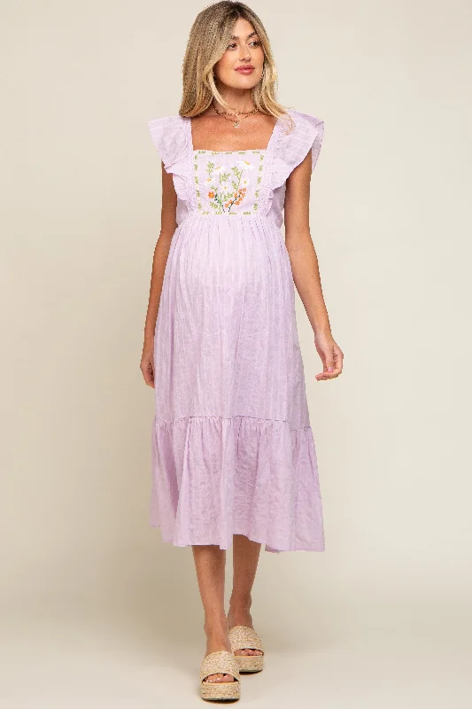 Lavender Floral Embroidered Tie Back Maternity Midi DressSweater Dress