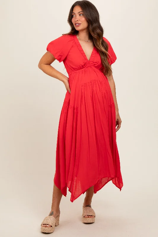 Red Deep V-Neck Puff Short Sleeve Asymmetrical Hem Maternity Midi DressVNeckTopAmber