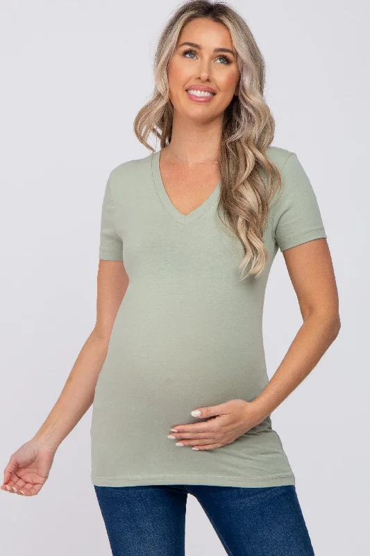 Light Olive V-Neck Short Sleeve Maternity TopVNeckTopOasis