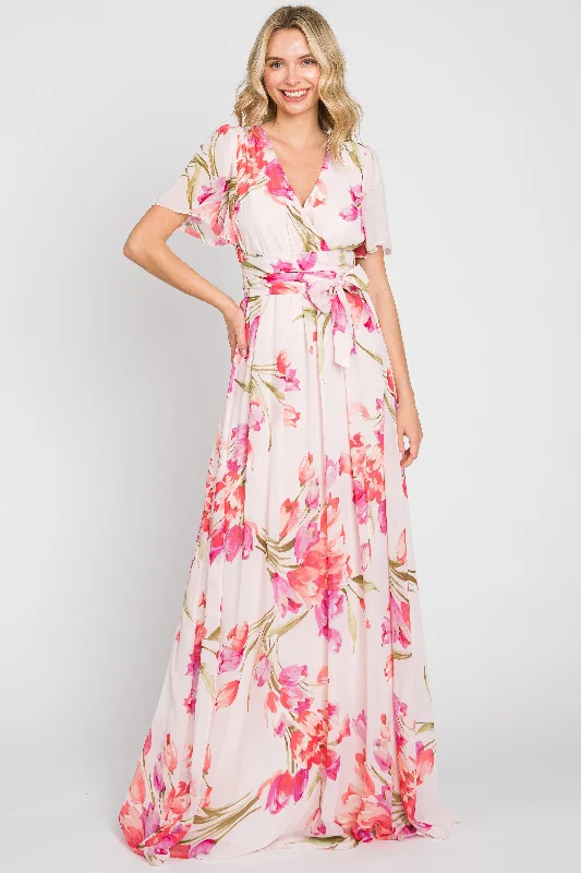 Mesh Short Sleeve TopsPink Tulip Floral Chiffon Wrap Front Short Sleeve Maxi Dress