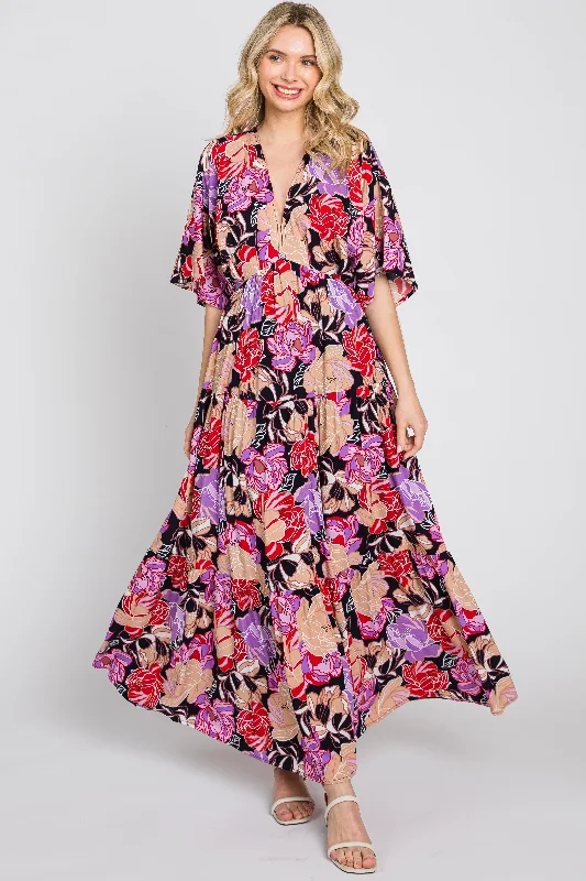 Navy Blue Floral Deep V-Neck Tiered Maxi DressPuff-sleeve Dress