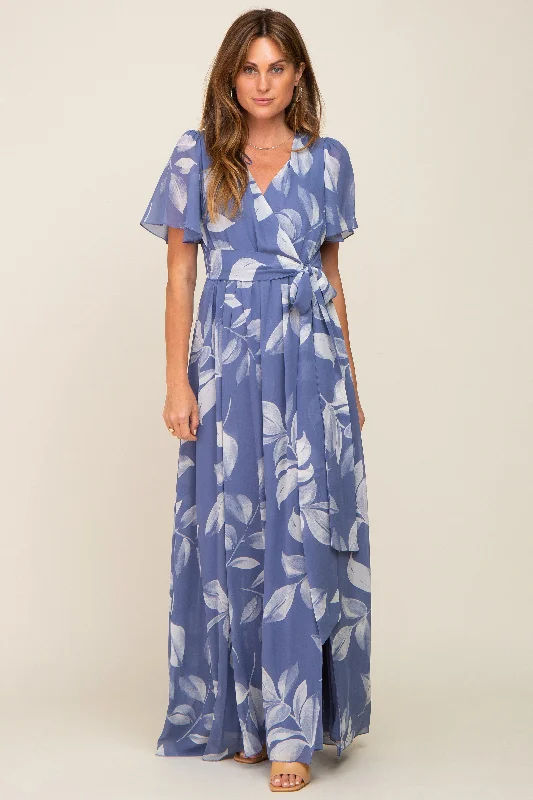 Blue Leaf Print Chiffon V-Neck Front Slit DressVNeckTopRonin