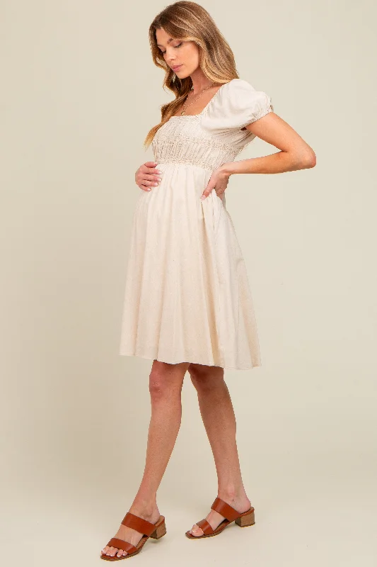 Cream Linen Smocked Puff Sleeve Maternity DressSleeveless Dress