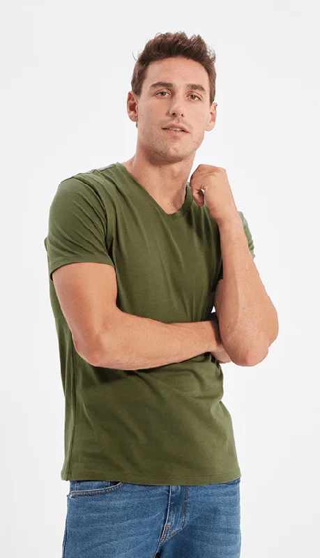 Cotton V-Neck Short Sleeve T-Shirt (Stretchable) OliveVNeckTopKraken