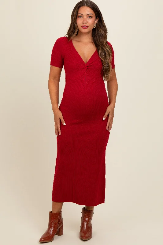 Red Knit Twisted V-Neck Maternity Maxi DressVNeckTopAura