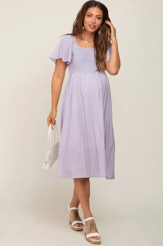 Jersey Short Sleeve TopsLavender Smocked Square Neck Flutter Short Sleeve Maternity Midi Dress