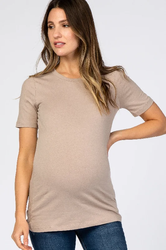 Taupe Crew Neck Short Sleeve Maternity TopCrewnecksoft