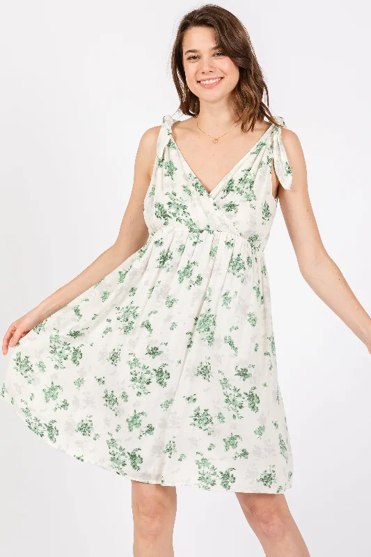 Ivory Green Floral Knotted Wrap V-Neck DressVNeckTopValley