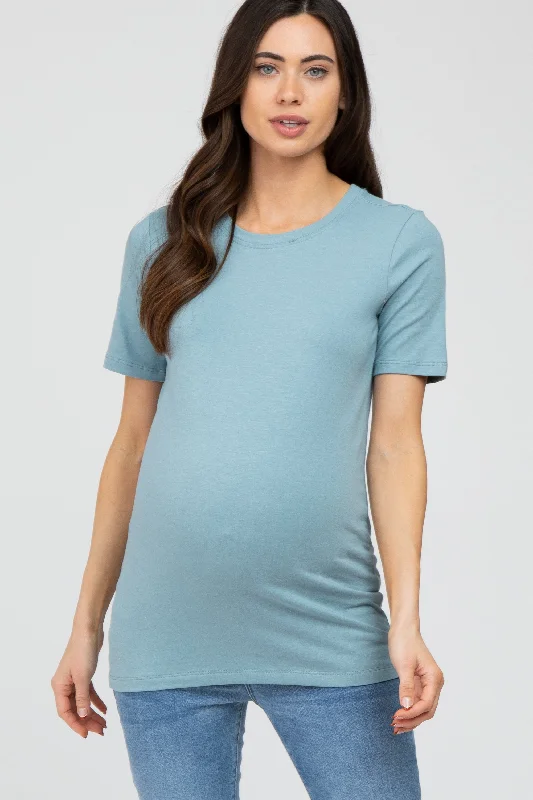 Blue Crew Neck Short Sleeve Maternity TopCrewneckbreathable