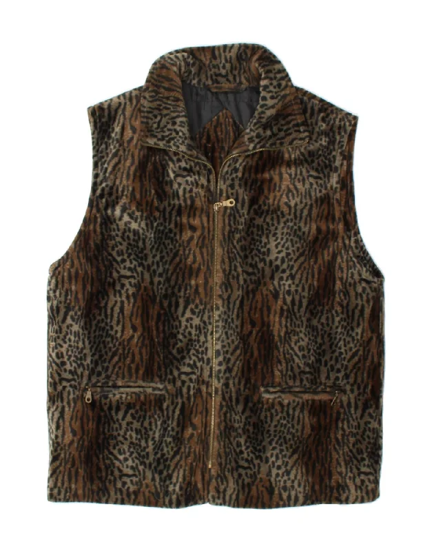 VINTAGE Womens Gilet UK 20 2XL Brown Animal Print PolyesterCollaborative Jackets