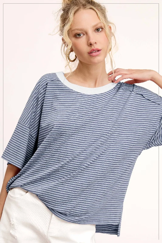 Luxury Short Sleeve TopsLight Navy Striped Drop Shoulder Short Sleeve Top