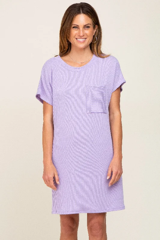 Lounge Short Sleeve TopsLavender Ribbed Front Pocket Dolman Short Sleeve Dress