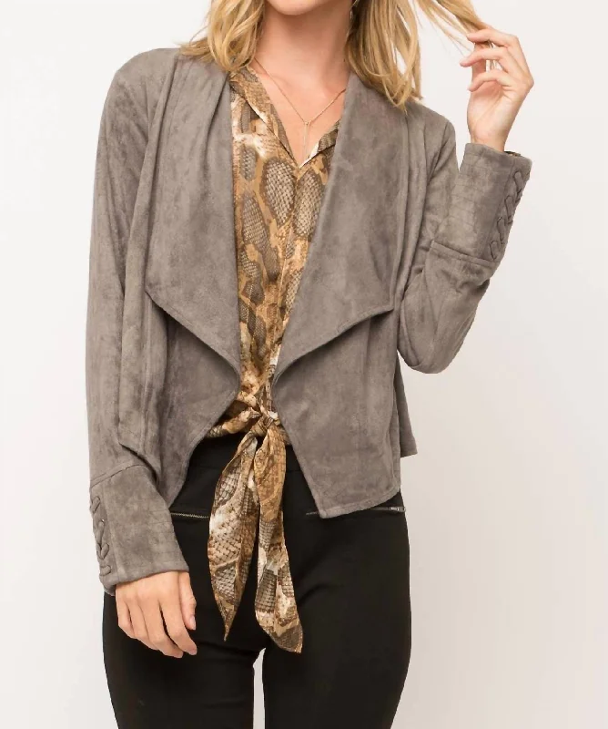 Faux Suede Draped Lapel Jacket In CharcoalLeather-Paneled Jackets