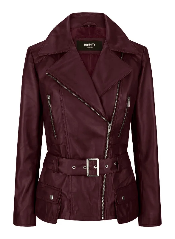 Burgundy Belted Fitted JacketFaux Leather Jackets