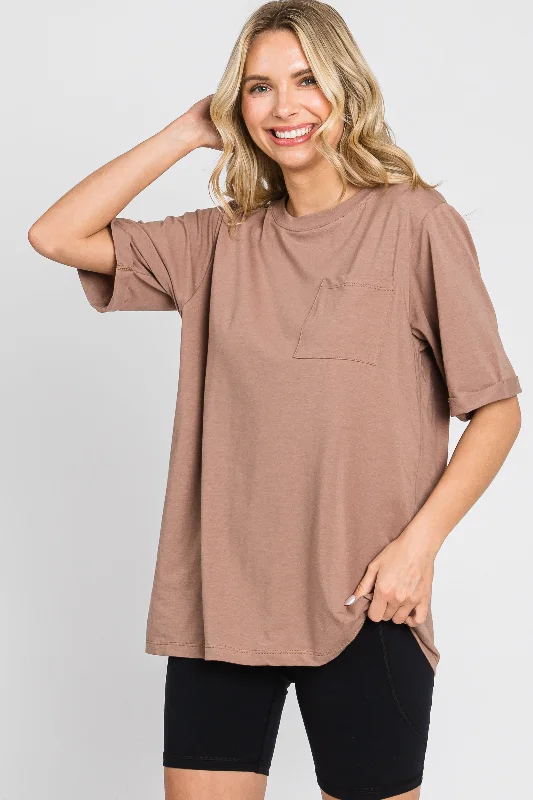 Bamboo Short Sleeve TopsMocha Oversized Front Pocket Cuffed Short Sleeve Top