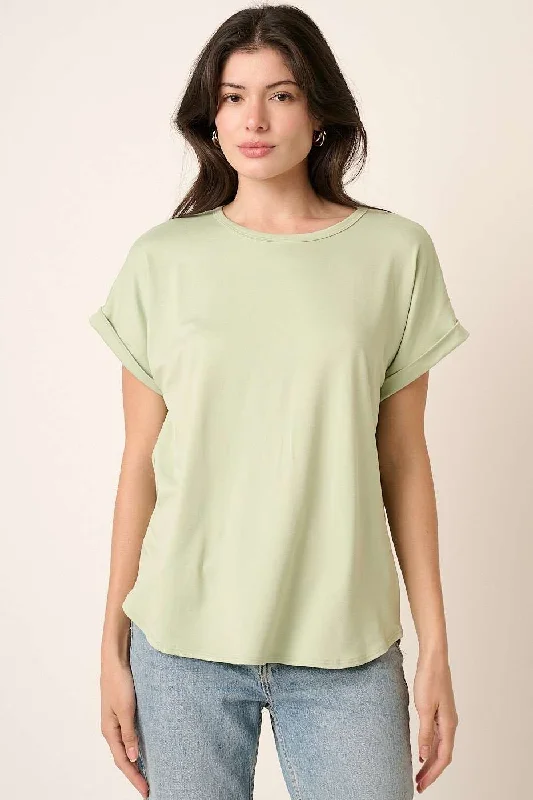 Striped Short Sleeve TopsLight Olive Rolled Cuff Short Sleeve Top