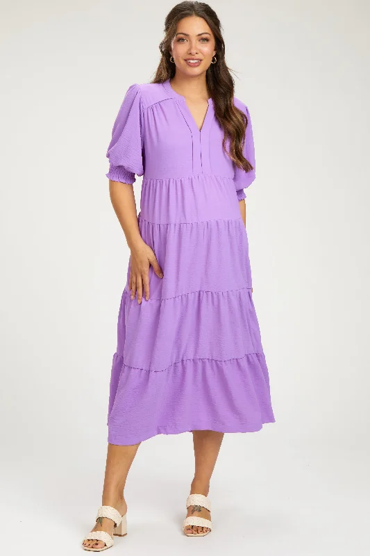 Lavender Short Sleeve Tiered Maternity Midi DressSweater Dress