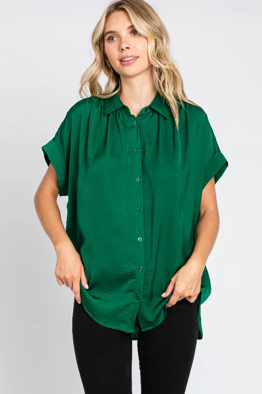 Graphic Short Sleeve TopsForest Green Satin Button Front Collared Short Sleeve Top