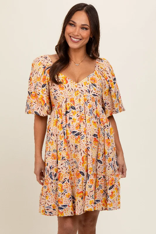 Multicolor Floral Print Puff Sleeve Maternity DressShort-sleeve Dress