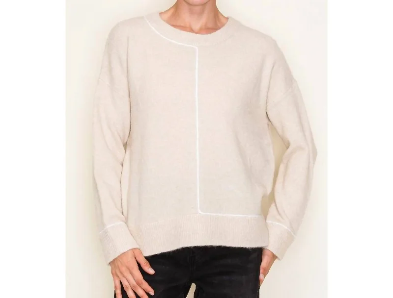 Color Line Detail Crew Neck Pullover Sweater In OatmealCrewneckgadget