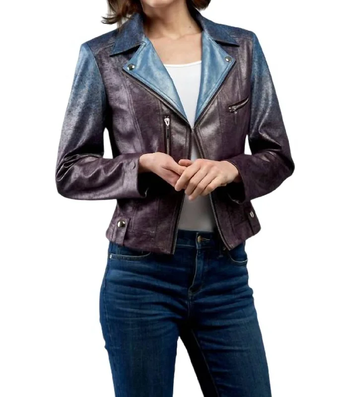 Metallic Faux Vegan Leather Moto Jacket In Liquid Blue Wine DrizzleCollege Jackets