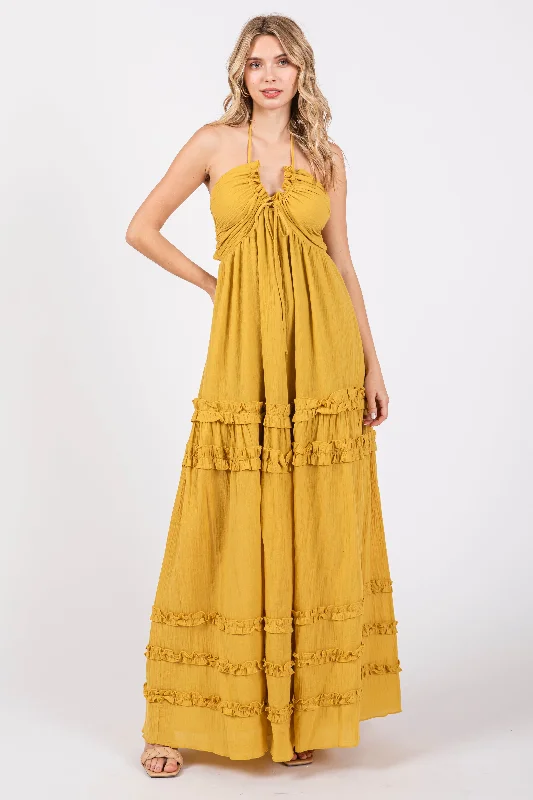 Yellow Ruffle Ruched Deep V-Neck Maxi DressVNeckTopTide