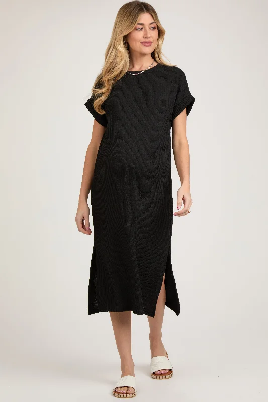 Boat Neck Short Sleeve TopsBlack Ribbed Short Sleeve Maternity Midi Dress