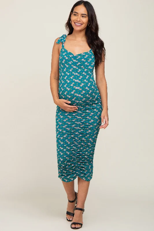 Teal Floral Ruched Shoulder Tie Maternity DressAsymmetrical Dress