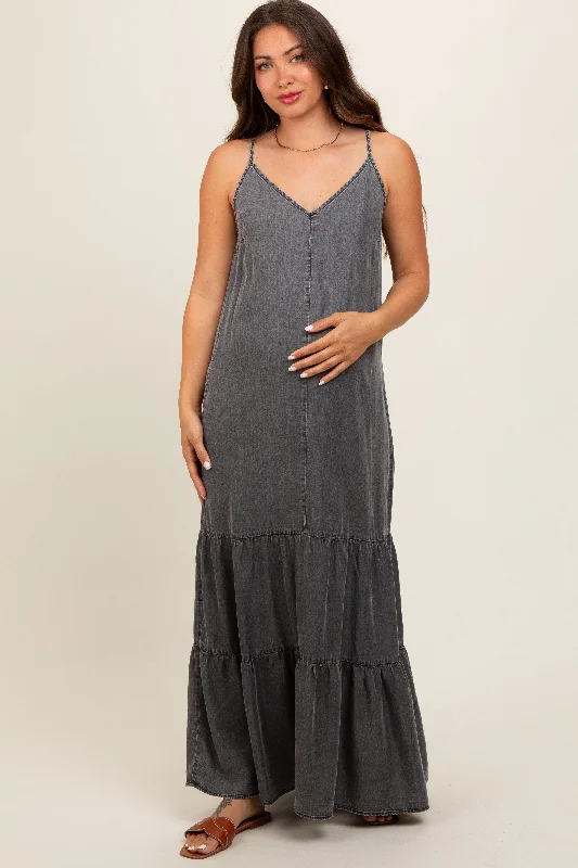 Charcoal Chambray Ruffle Hem Maternity Maxi DressRunning Dress