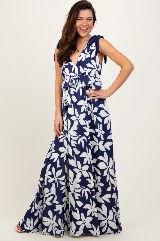 Navy Floral Deep V-Neck Shoulder Tie Maxi DressVNeckTopDrift