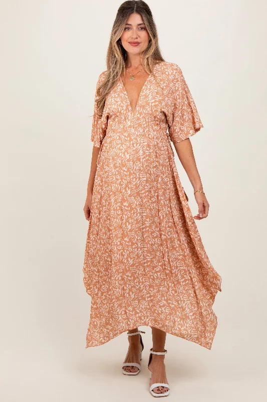 Peach Floral V-Neck Flutter Sleeve Maternity Maxi DressVNeckTopCrystal