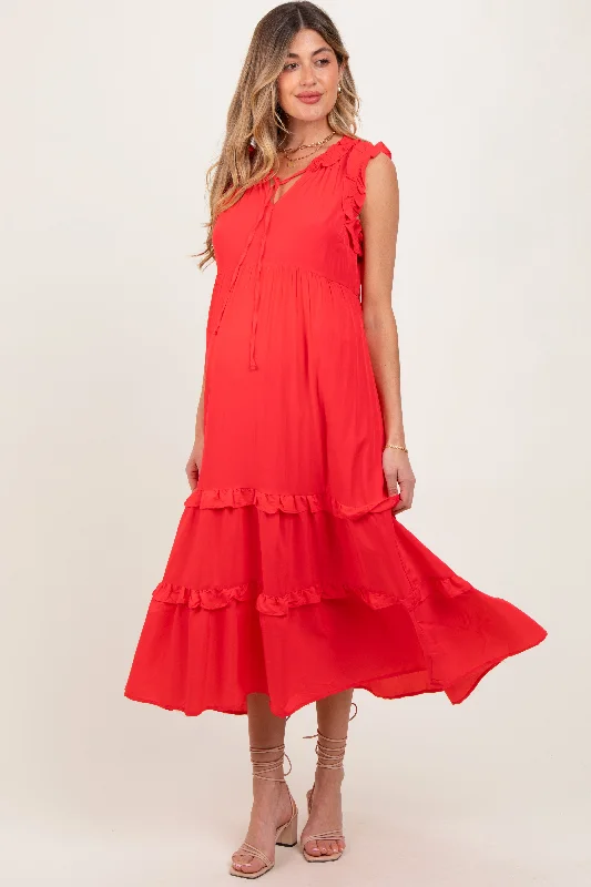 Red Ruffle Accent Tiered Front Tie Maternity Midi DressPrairie Dress