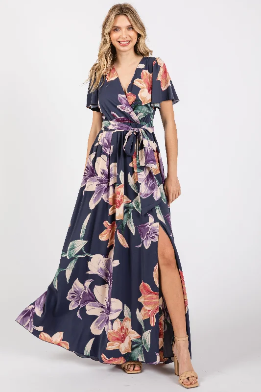 Navy Floral Wrap V-Neck Maxi DressVNeckTopSolar