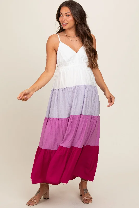 Magenta V-Neck Tiered Color Block Maternity Midi DressVNeckTopZenith