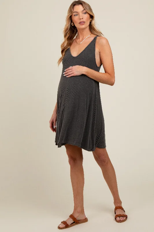 Charcoal Ribbed Sleeveless Front Seam Maternity DressCrinoline Dress