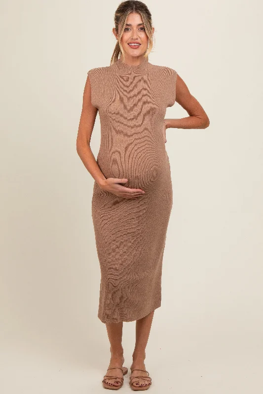 Mocha Knit Mock Neck Maternity Midi DressUniform Dress