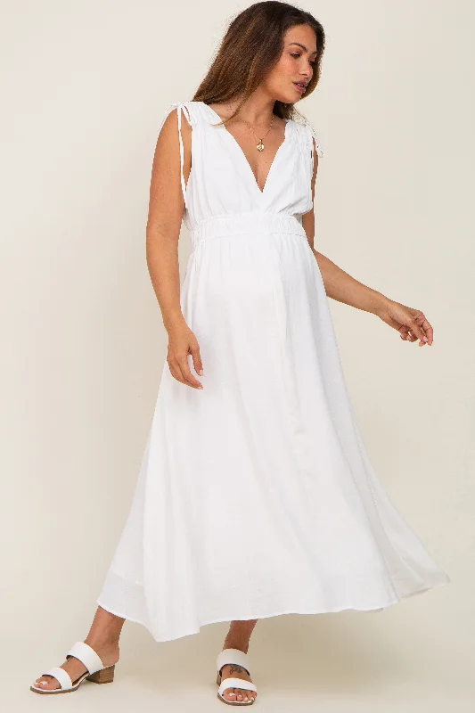 White V-Neck Drawstring Shoulder Maternity Midi DressVNeckTopFlow