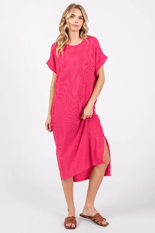 Casual Short Sleeve TopsFuchsia Ribbed Short Sleeve Midi Dress