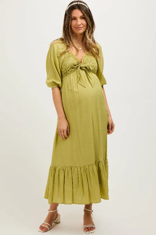 Light Olive Smocked Front Tie Maternity Midi DressHalter Dress