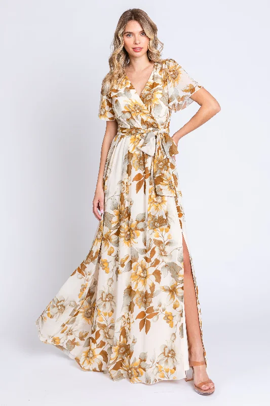 Cream Floral V-Neck Side Slit DressVNeckTopZen