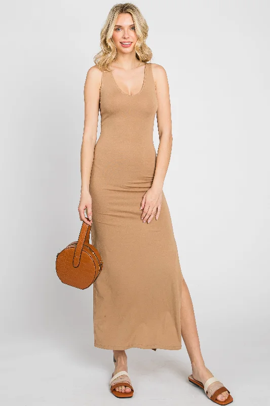 Camel V-Neck Side Slit Midi DressVNeckTopSummit