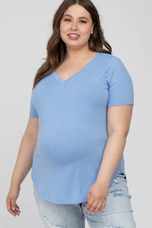 Light Blue V-Neck Round Hem Maternity Plus TopVNeckTopPhoenix