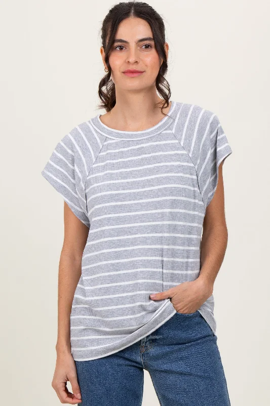 Jersey Short Sleeve TopsHeather Grey Stripe Ribbed Short Sleeve Tunic Top