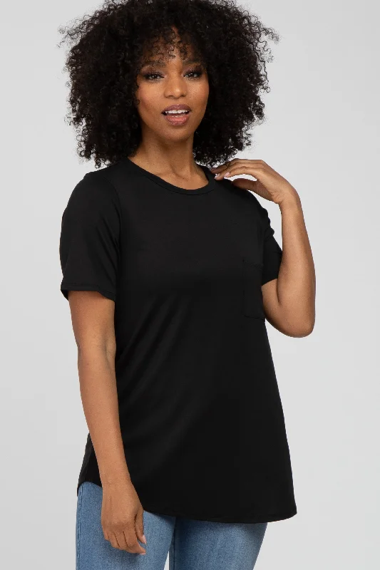 Black Crew Neck Front Pocket Short Sleeve TopCrewneckdata