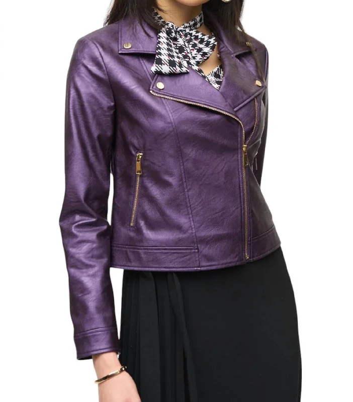 Metallic Faux Leather Biker Jacket In Black CurrantSafari Jackets